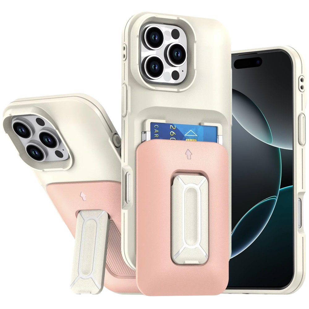 for iphone 16 pro max 6.9 card holder (2x) with wrist strap hybrid with kickstand beige+light pink