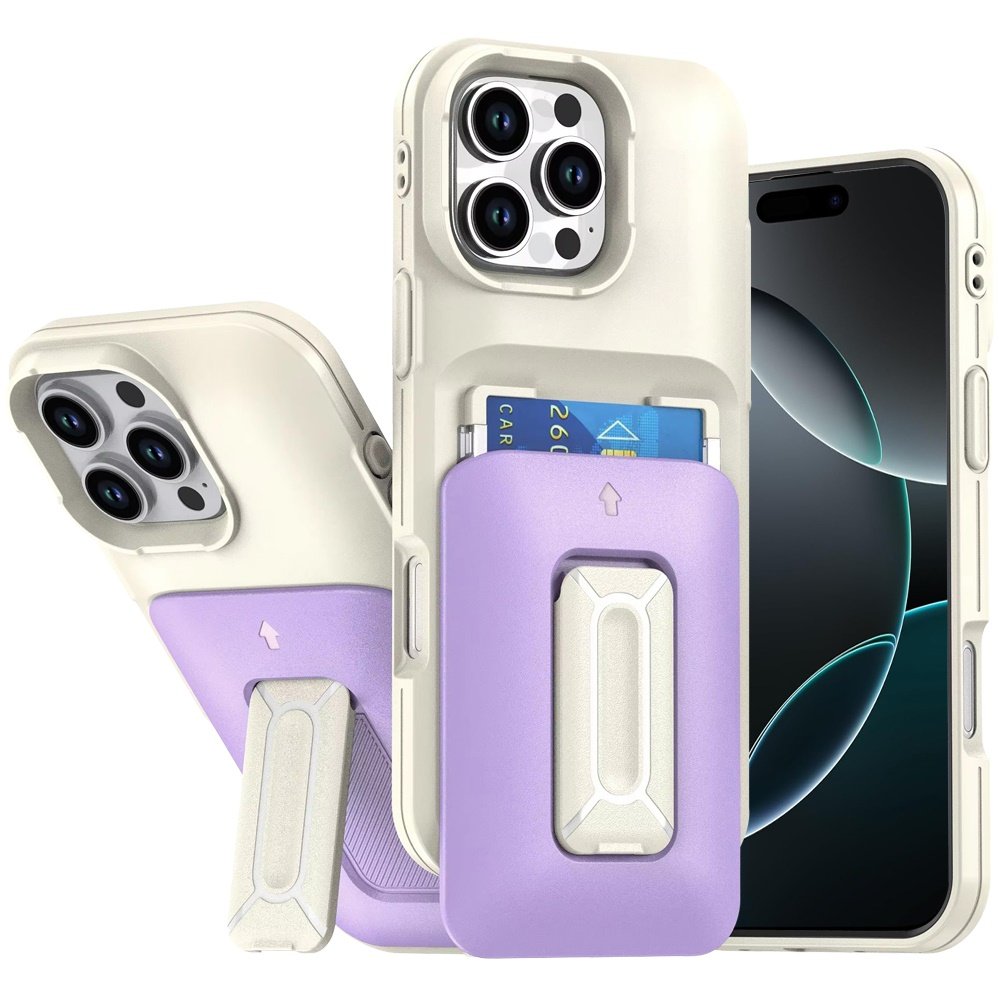 for iphone 16 pro max 6.9 card holder (2x) with wrist strap hybrid with kickstand beige+light purple