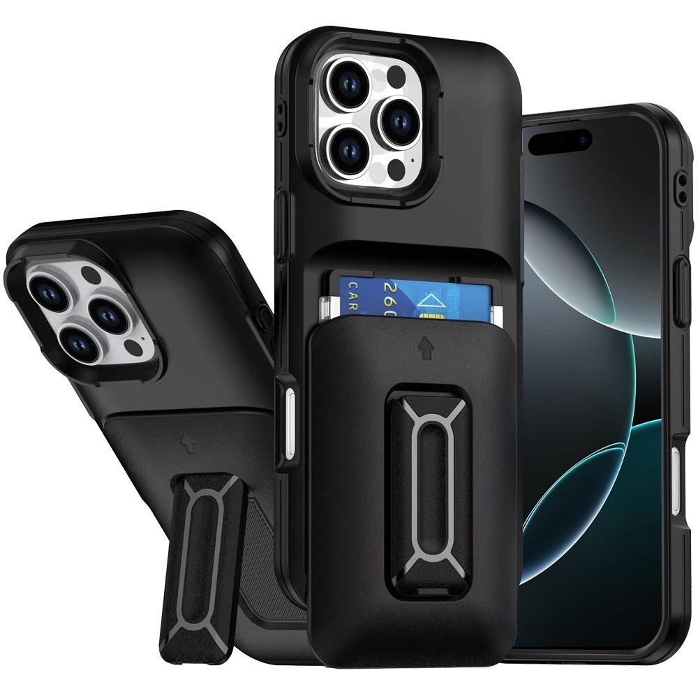 for iphone 16 pro max 6.9 card holder (2x) with wrist strap hybrid with kickstand black+black