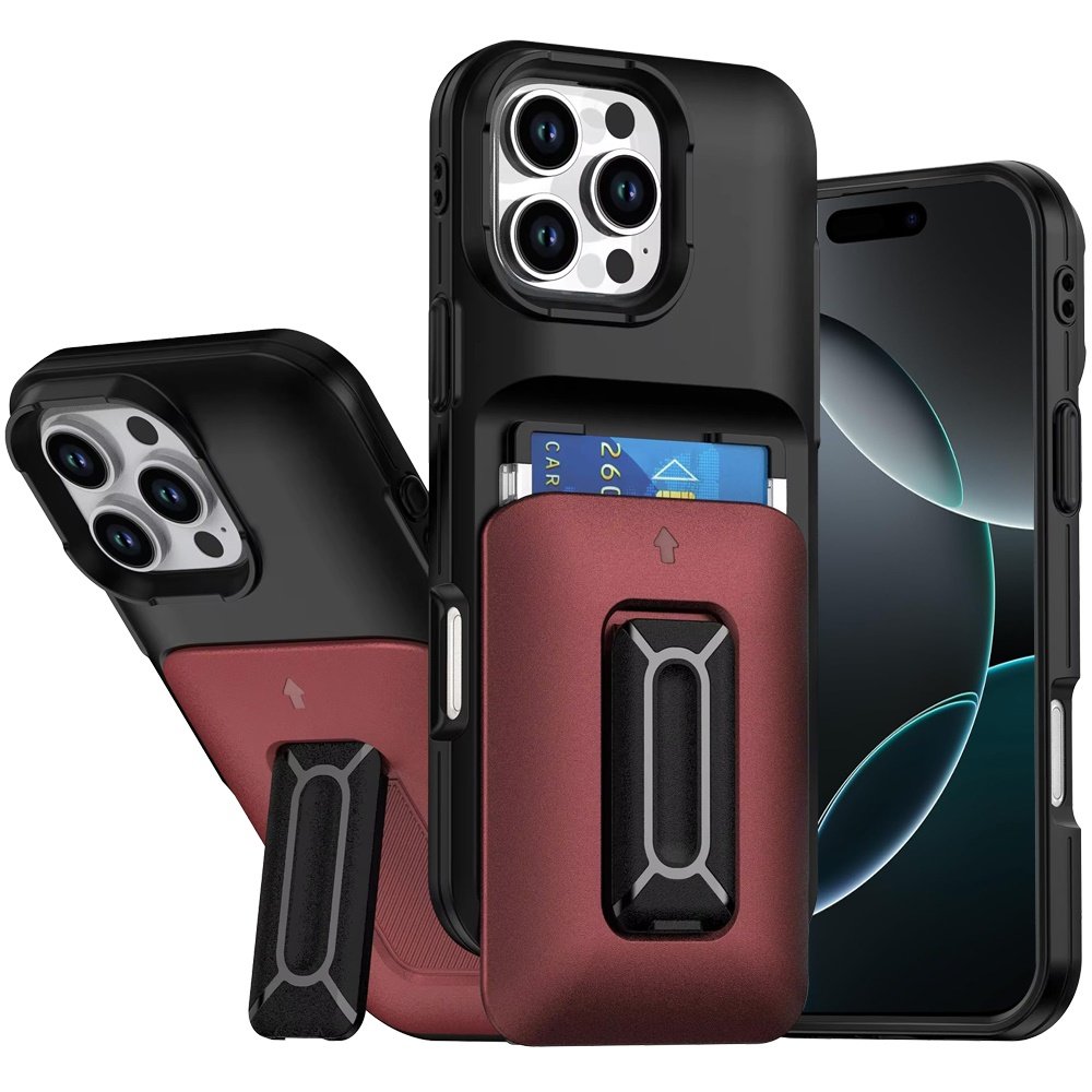 for iphone 16 pro max 6.9 card holder (2x) with wrist strap hybrid with kickstand black+red