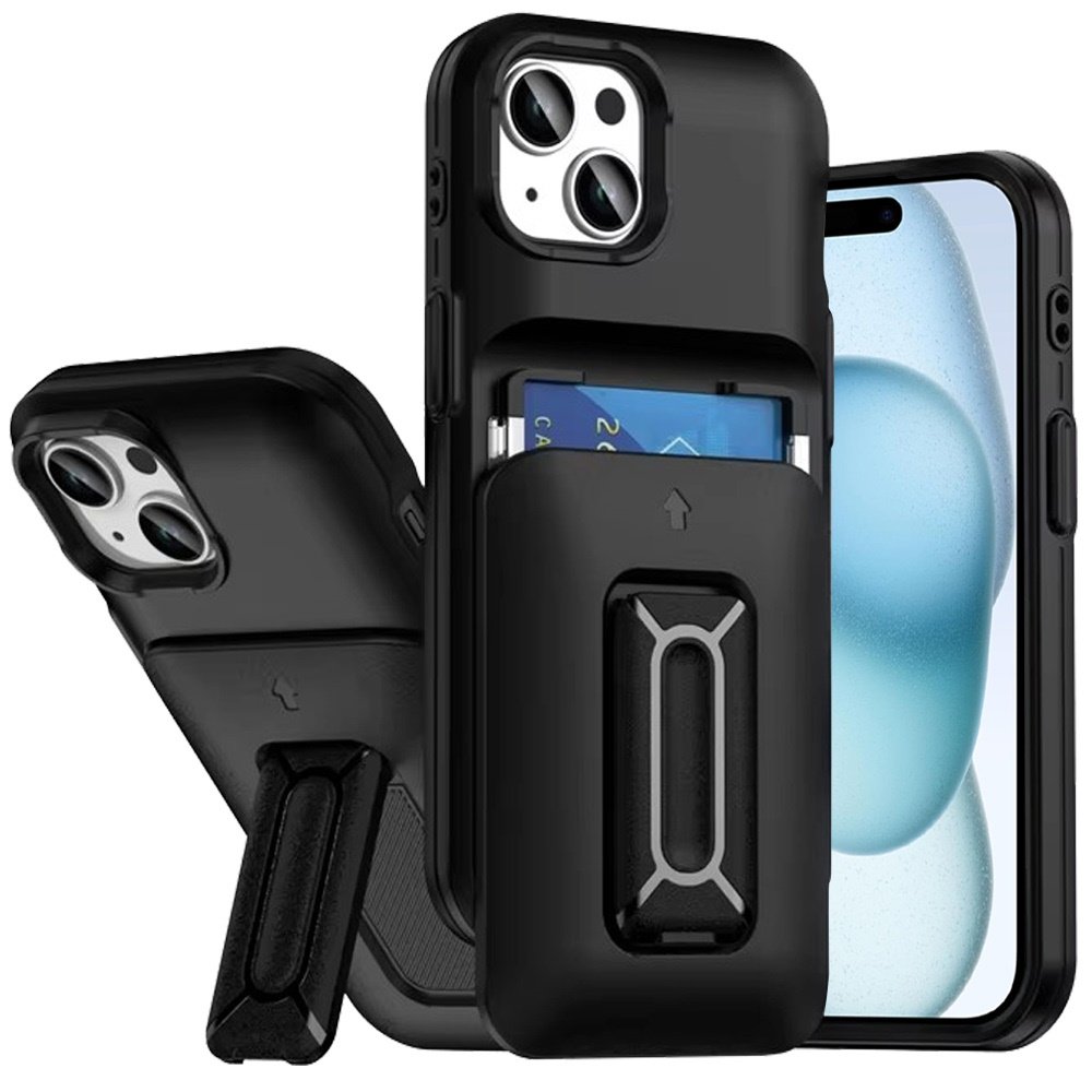 for iphone 15 card holder (2x) with wrist strap hybrid with kickstand black+black