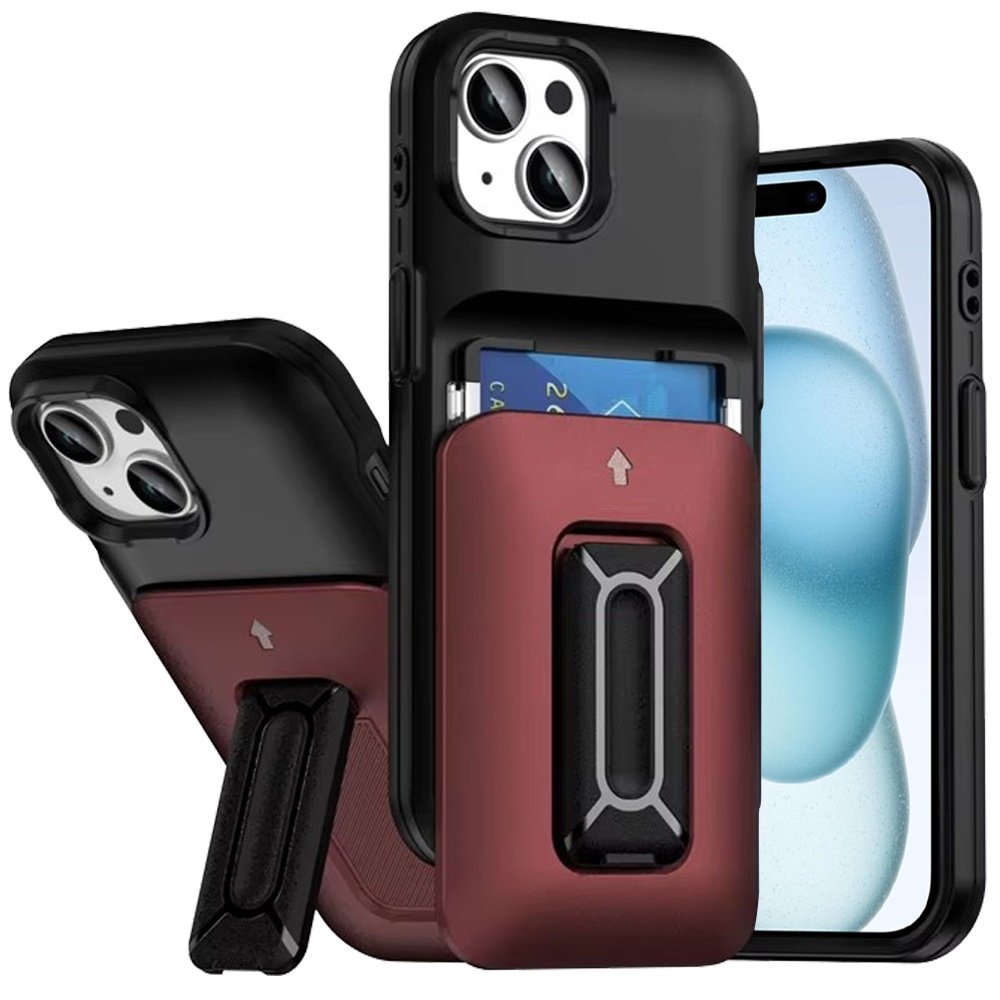 for iphone 15 card holder (2x) with wrist strap hybrid with kickstand black+red