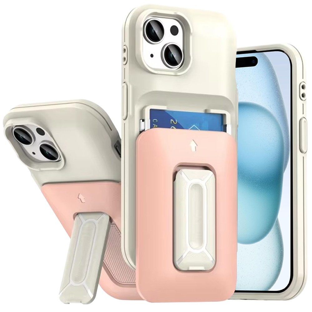 for iphone 15 card holder (2x) with wrist strap hybrid with kickstand beige+light pink