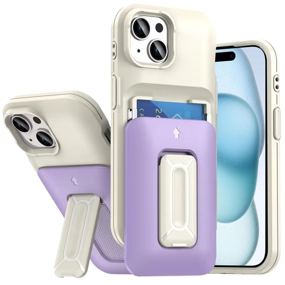 for iphone 15 card holder (2x) with wrist strap hybrid with kickstand beige+light purple