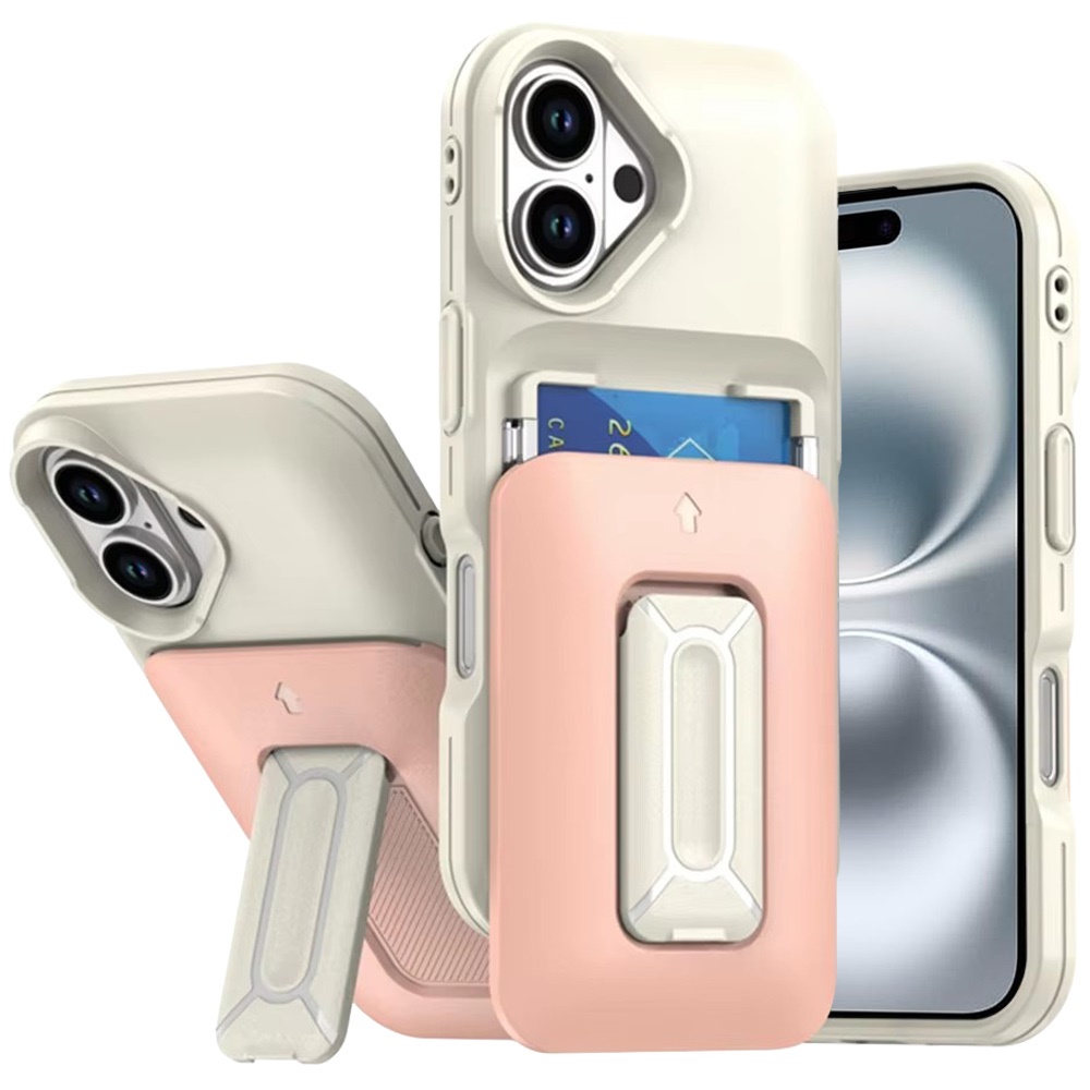 for iphone 16 6.1 inch card holder (2x) with wrist strap hybrid with kickstand beige+light pink