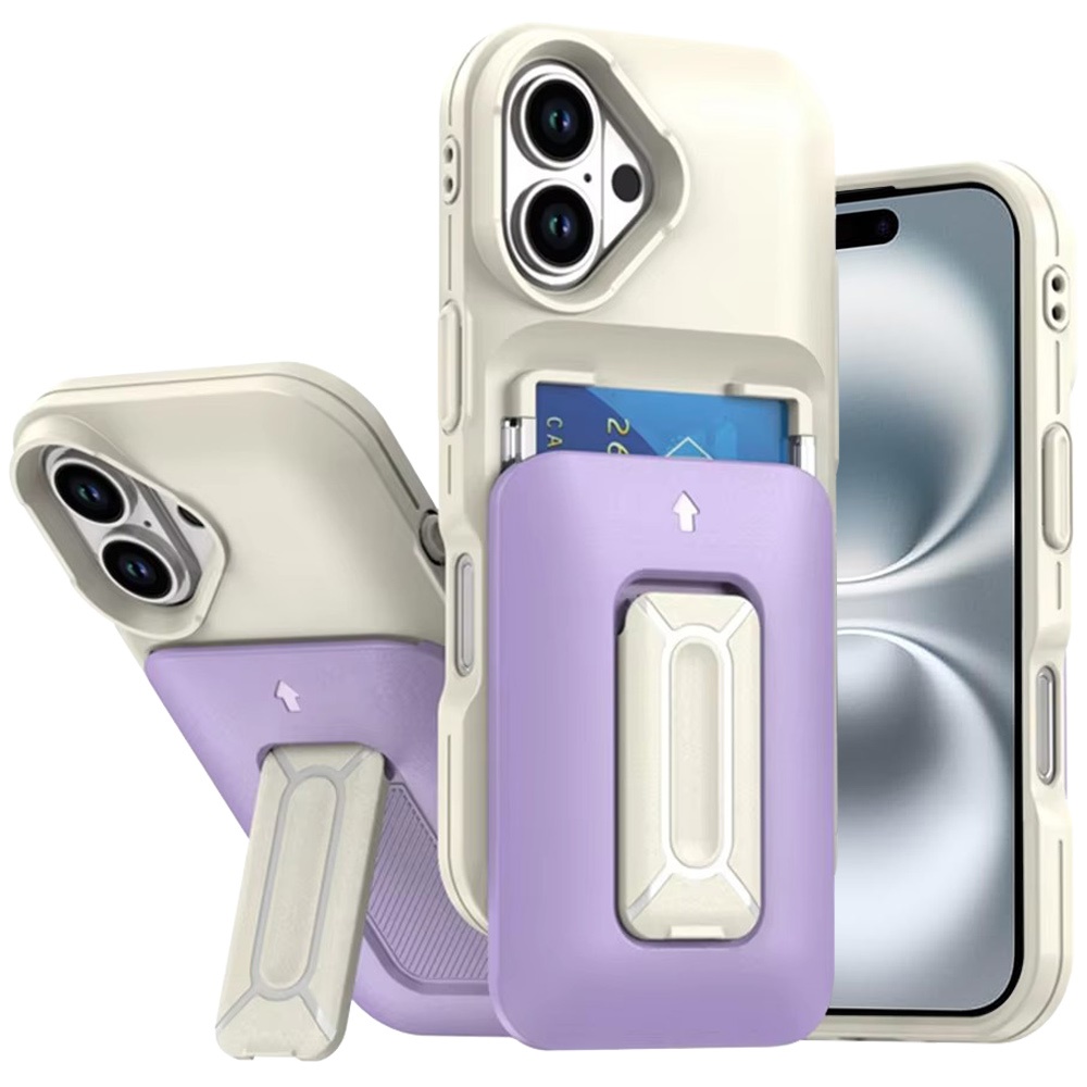 for iphone 16 6.1 inch card holder (2x) with wrist strap hybrid with kickstand beige+light purple
