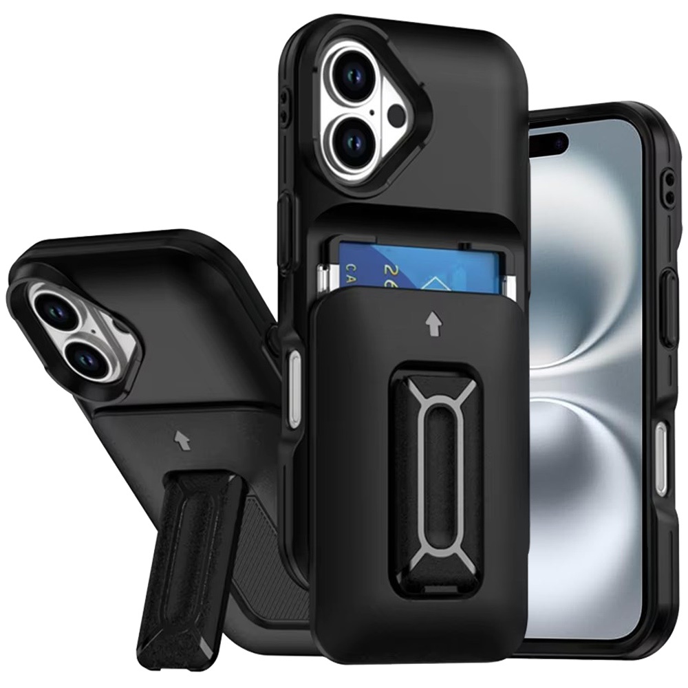 for iphone 16 6.1 inch card holder (2x) with wrist strap hybrid with kickstand black+black