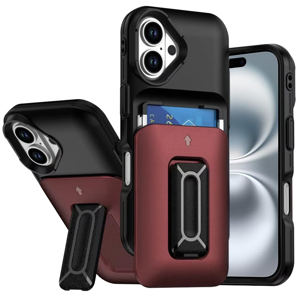 for iphone 16 6.1 inch card holder (2x) with wrist strap hybrid with kickstand black+red