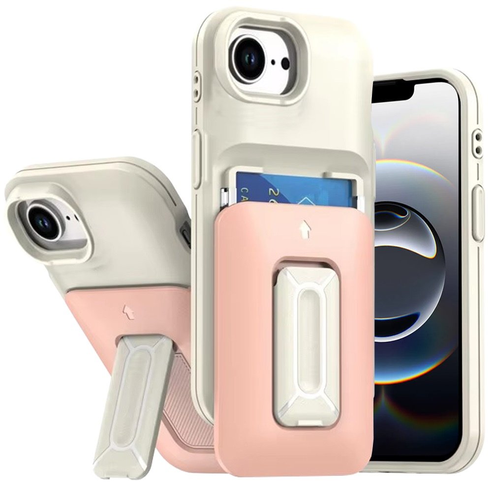for iphone 17e / 16e / se4 card holder (2x) with wrist strap hybrid with kickstand beige+light pink