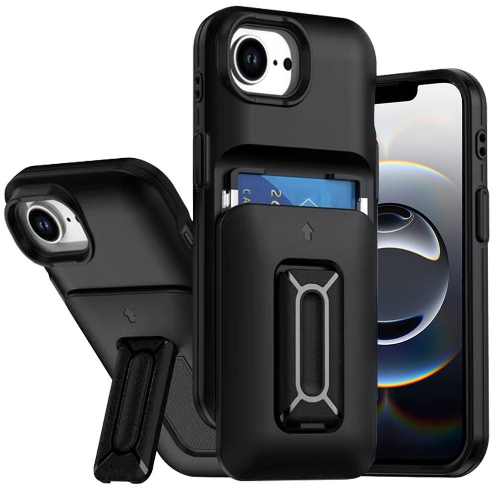 for iphone 17e / 16e / se4 card holder (2x) with wrist strap hybrid with kickstand black+black