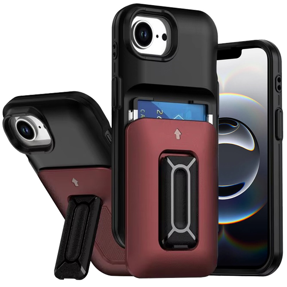 for iphone 17e / 16e / se4 card holder (2x) with wrist strap hybrid with kickstand black+red