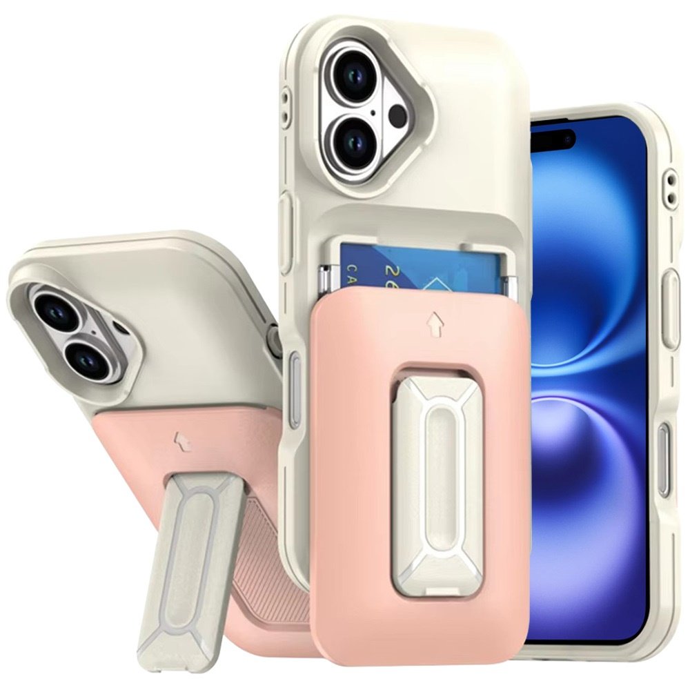 for iphone 17 card holder (2x) with wrist strap hybrid with kickstand beige+light pink