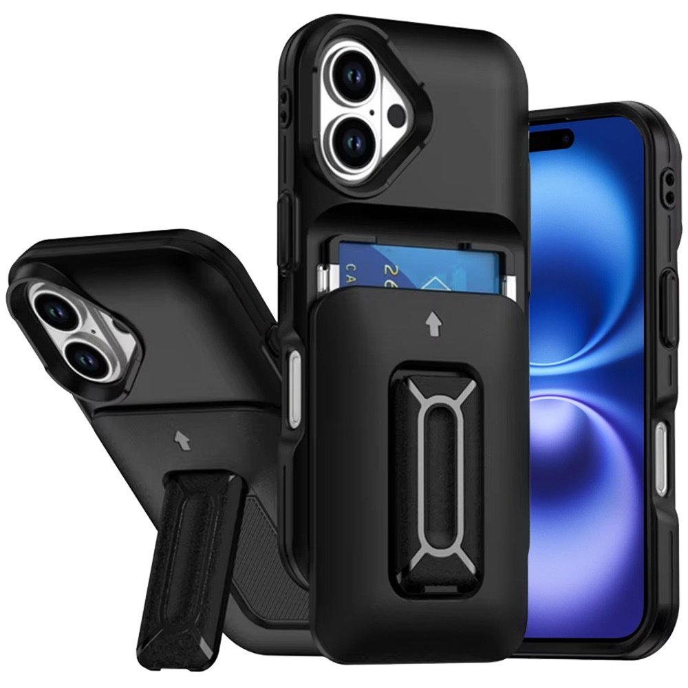 for iphone 17 card holder (2x) with wrist strap hybrid with kickstand black+black