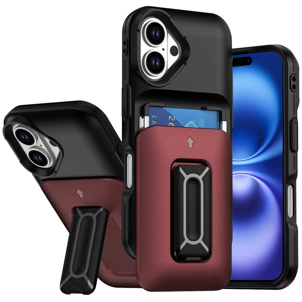 for iphone 17 card holder (2x) with wrist strap hybrid with kickstand black+red