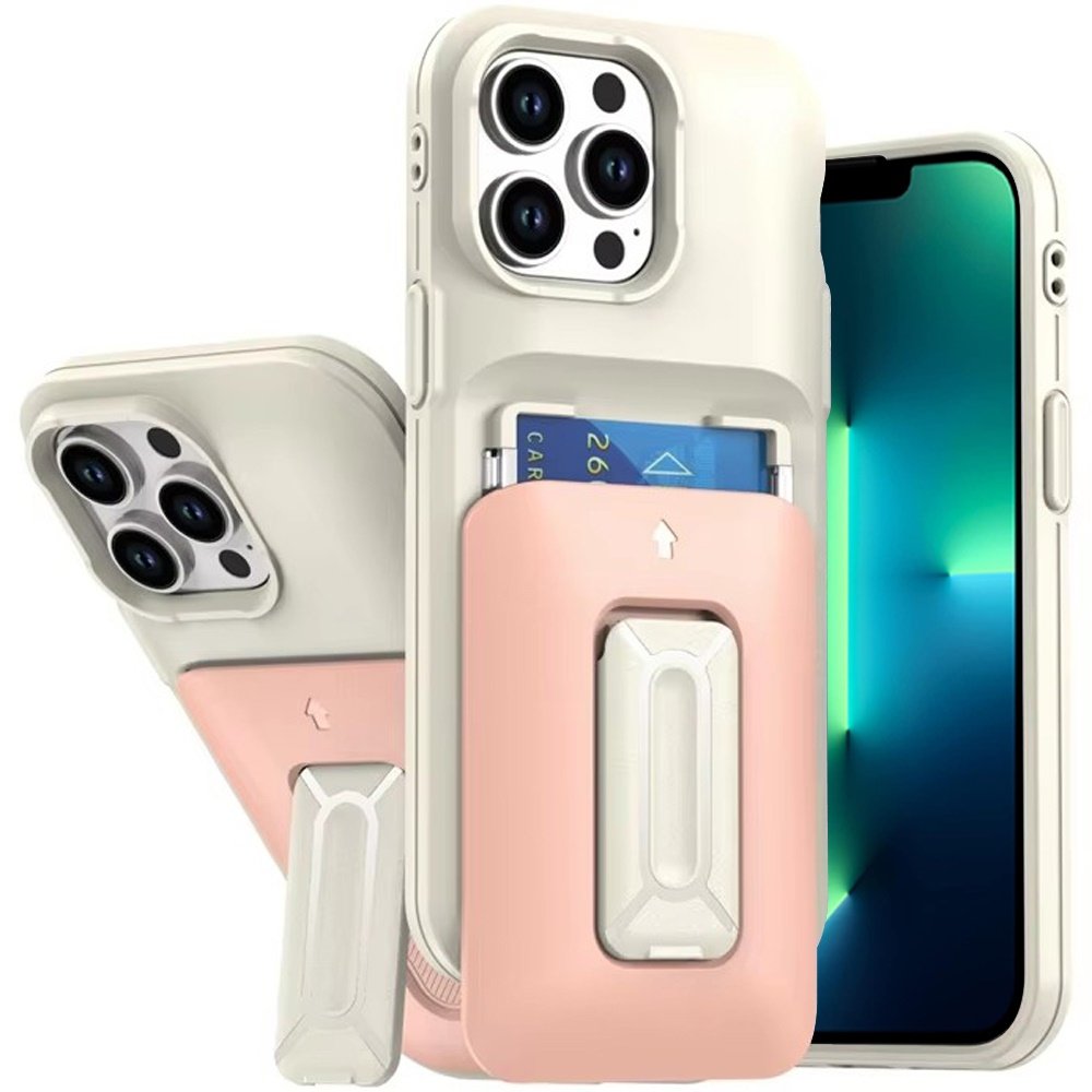 for iphone 13 pro max card holder (2x) with wrist strap hybrid with kickstand beige+light pink