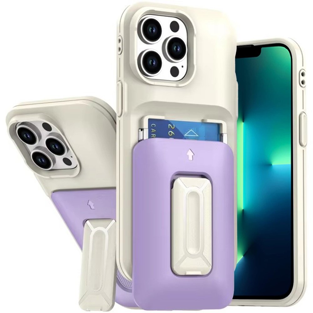 for iphone 13 pro max card holder (2x) with wrist strap hybrid with kickstand beige+light purple