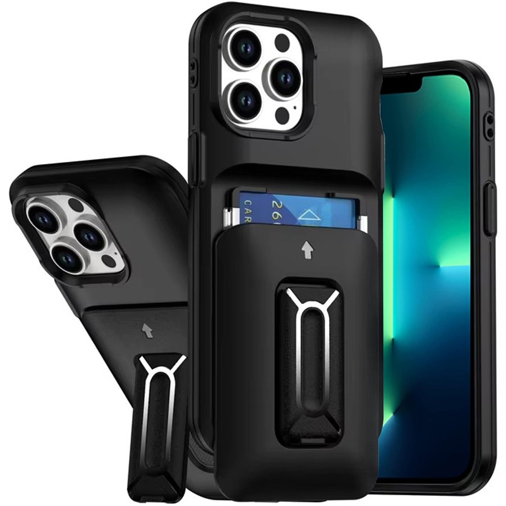for iphone 13 pro max card holder (2x) with wrist strap hybrid with kickstand black+black