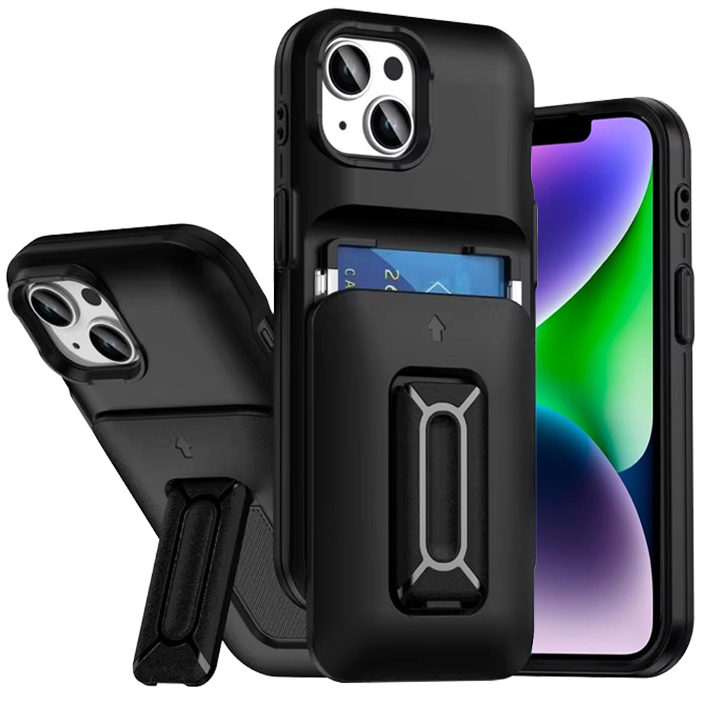 for iphone 13/14 card holder (2x) with wrist strap hybrid with kickstand black+black