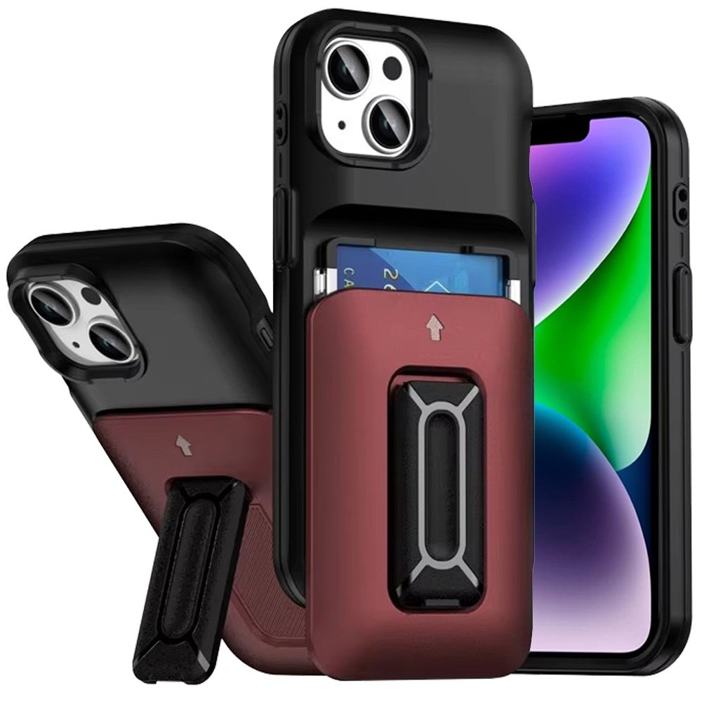 for iphone 13/14 card holder (2x) with wrist strap hybrid with kickstand black+red