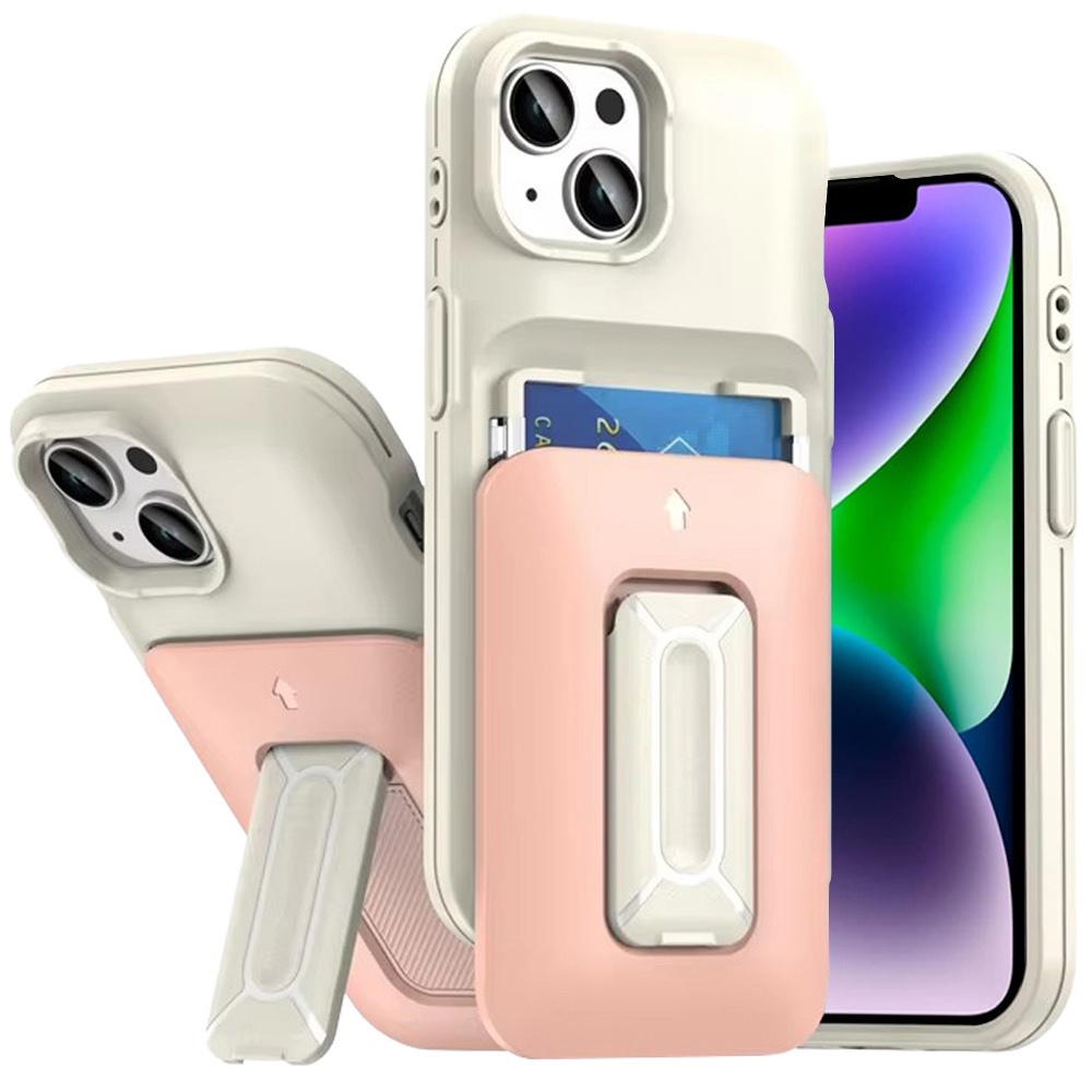 for iphone 13/14 card holder (2x) with wrist strap hybrid with kickstand beige+light pink