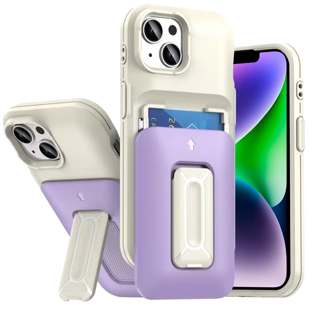for iphone 13/14 card holder (2x) with wrist strap hybrid with kickstand beige+light purple