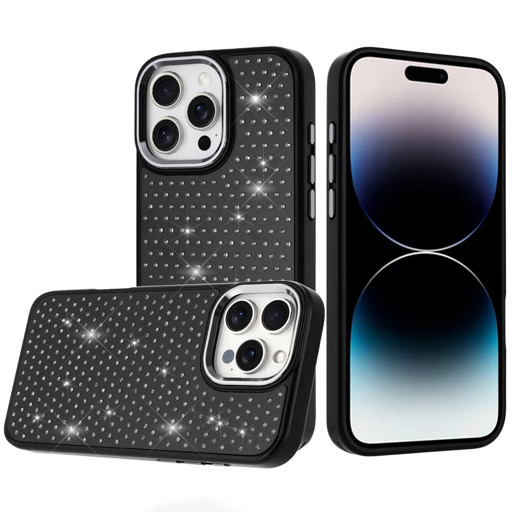 for iphone 14 pro max 6.7" beautiful diamond metallic design metal chrome edged hybrid black
