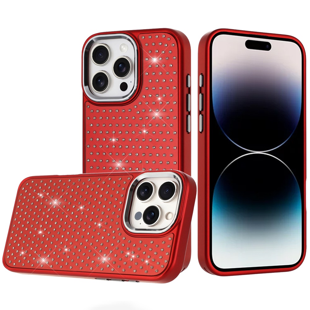 for iphone 14 pro max 6.7" beautiful diamond metallic design metal chrome edged hybrid red