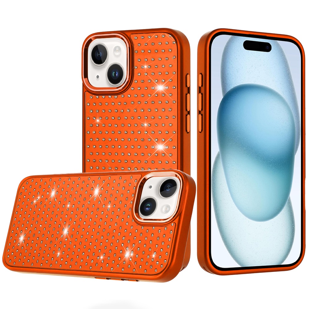 for iphone 15 plus/iphone 14 plus beautiful diamond metallic design metal chrome edged hybrid cosmic orange