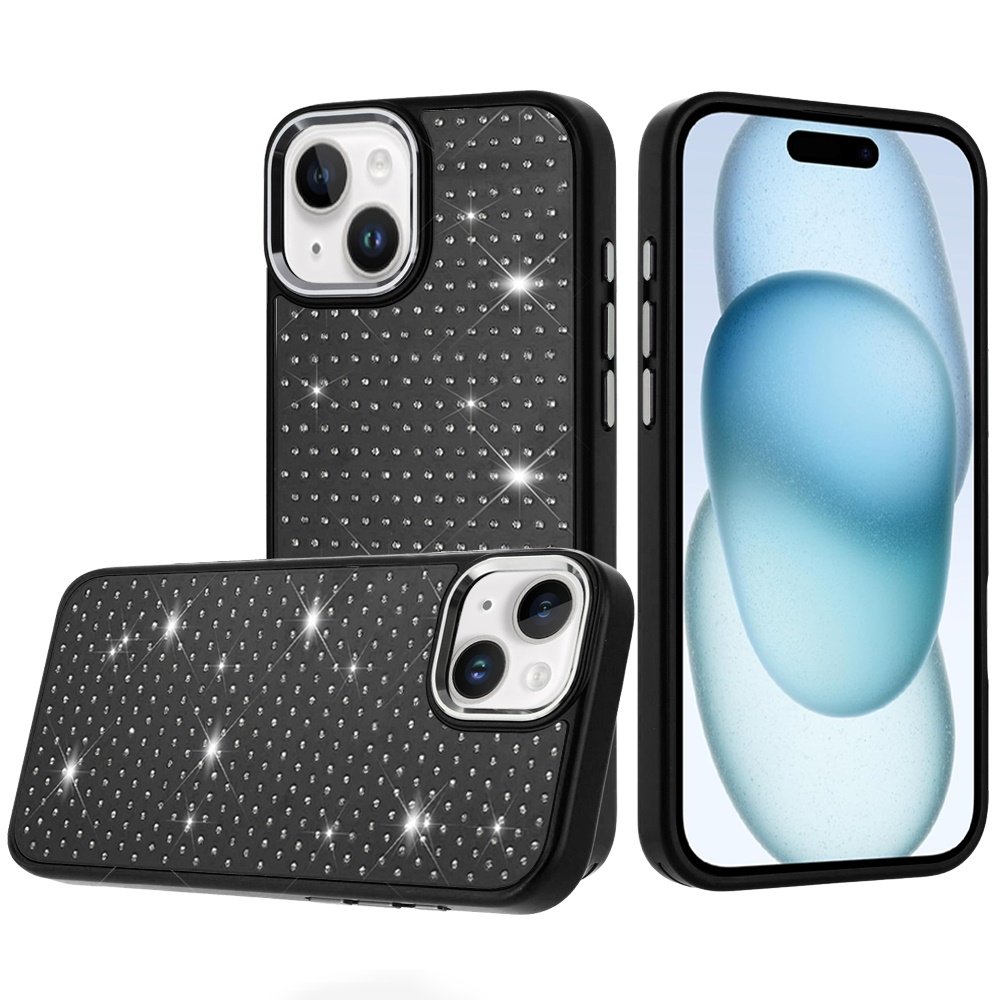 for iphone 15 beautiful diamond metallic design metal chrome edged hybrid black