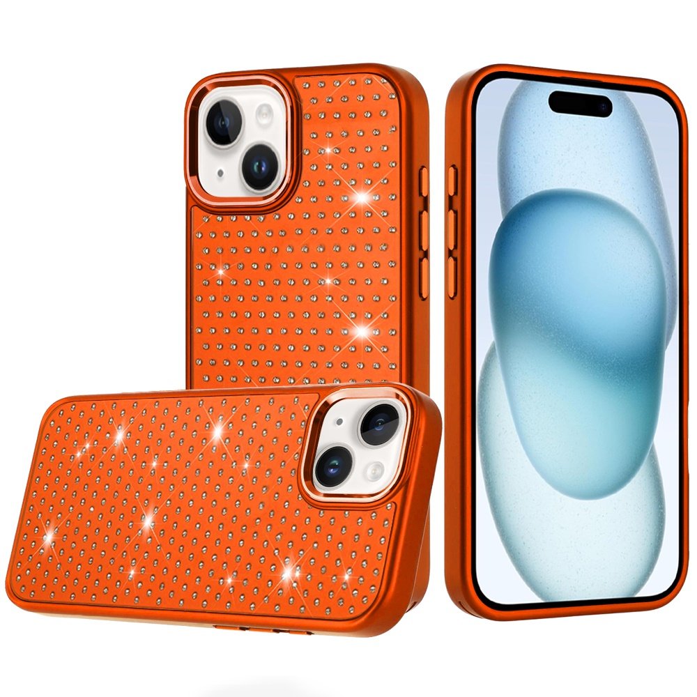 for iphone 15 beautiful diamond metallic design metal chrome edged hybrid cosmic orange
