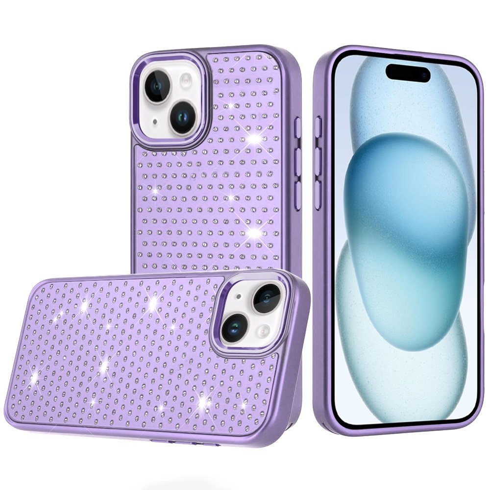 for iphone 15 beautiful diamond metallic design metal chrome edged hybrid purple
