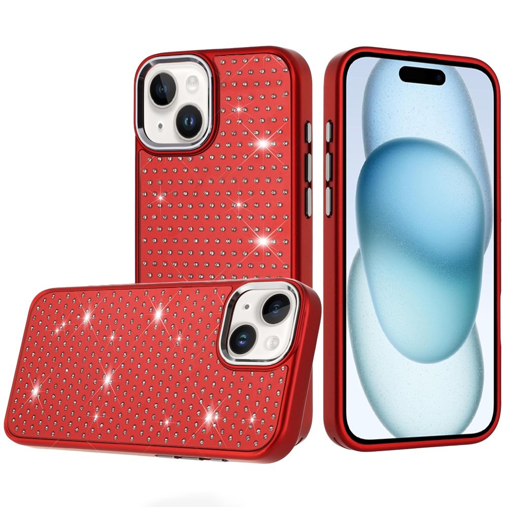 for iphone 15 beautiful diamond metallic design metal chrome edged hybrid red
