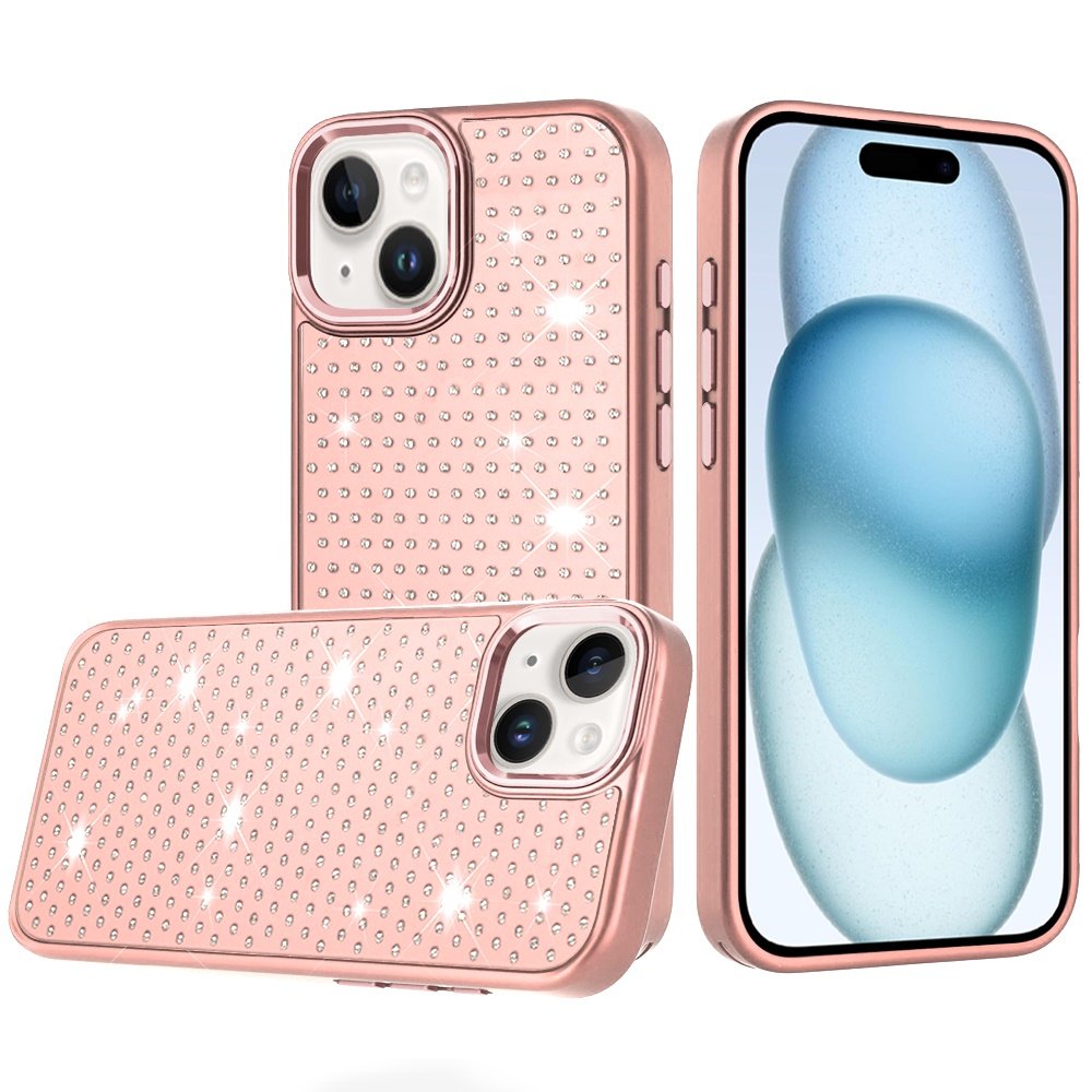 for iphone 15 beautiful diamond metallic design metal chrome edged hybrid rose gold