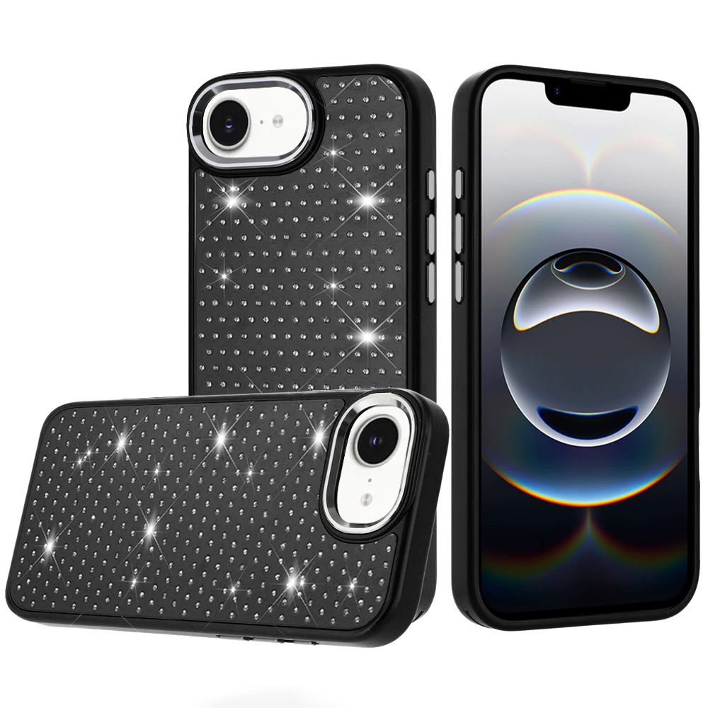 for iphone 17e / 16e / se4 beautiful diamond metallic design metal chrome edged hybrid black