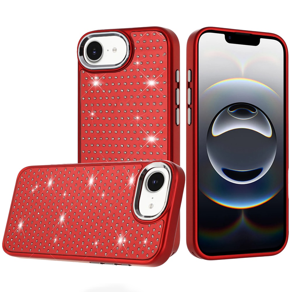 for iphone 17e / 16e / se4 beautiful diamond metallic design metal chrome edged hybrid red