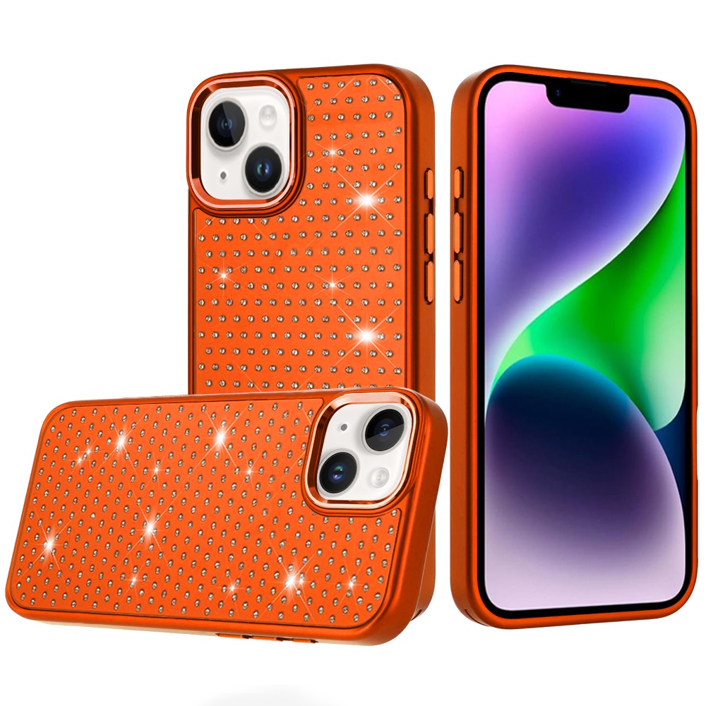 for iphone 13/14 beautiful diamond metallic design metal chrome edged hybrid cosmic orange