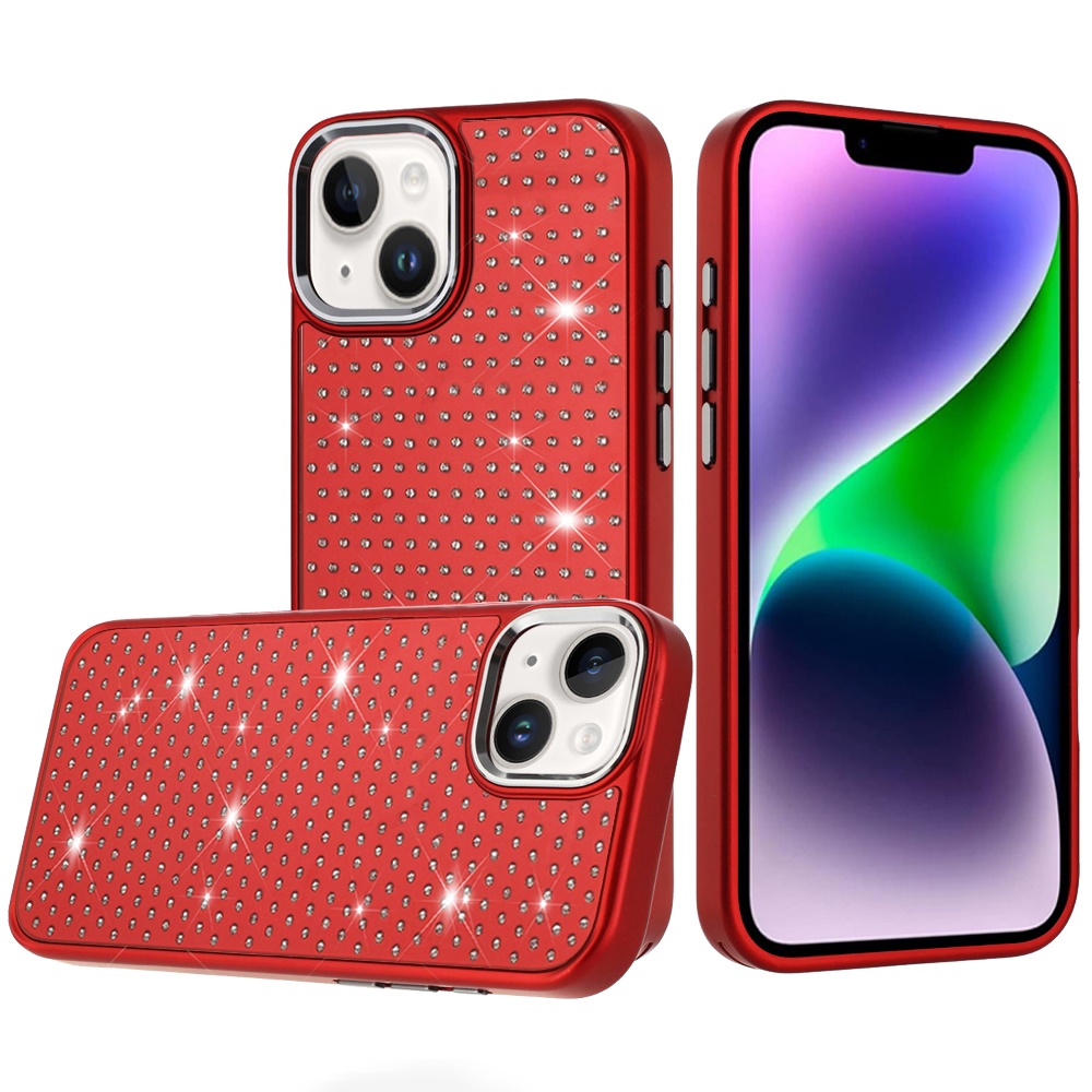 for iphone 13/14 beautiful diamond metallic design metal chrome edged hybrid red
