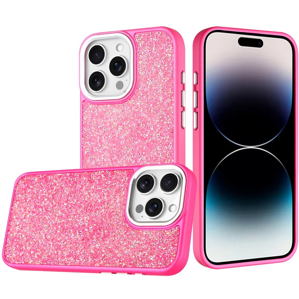 for iphone 14 pro max 6.7" crystal glass diamond with metallic buttons and edges hybrid case hot pink