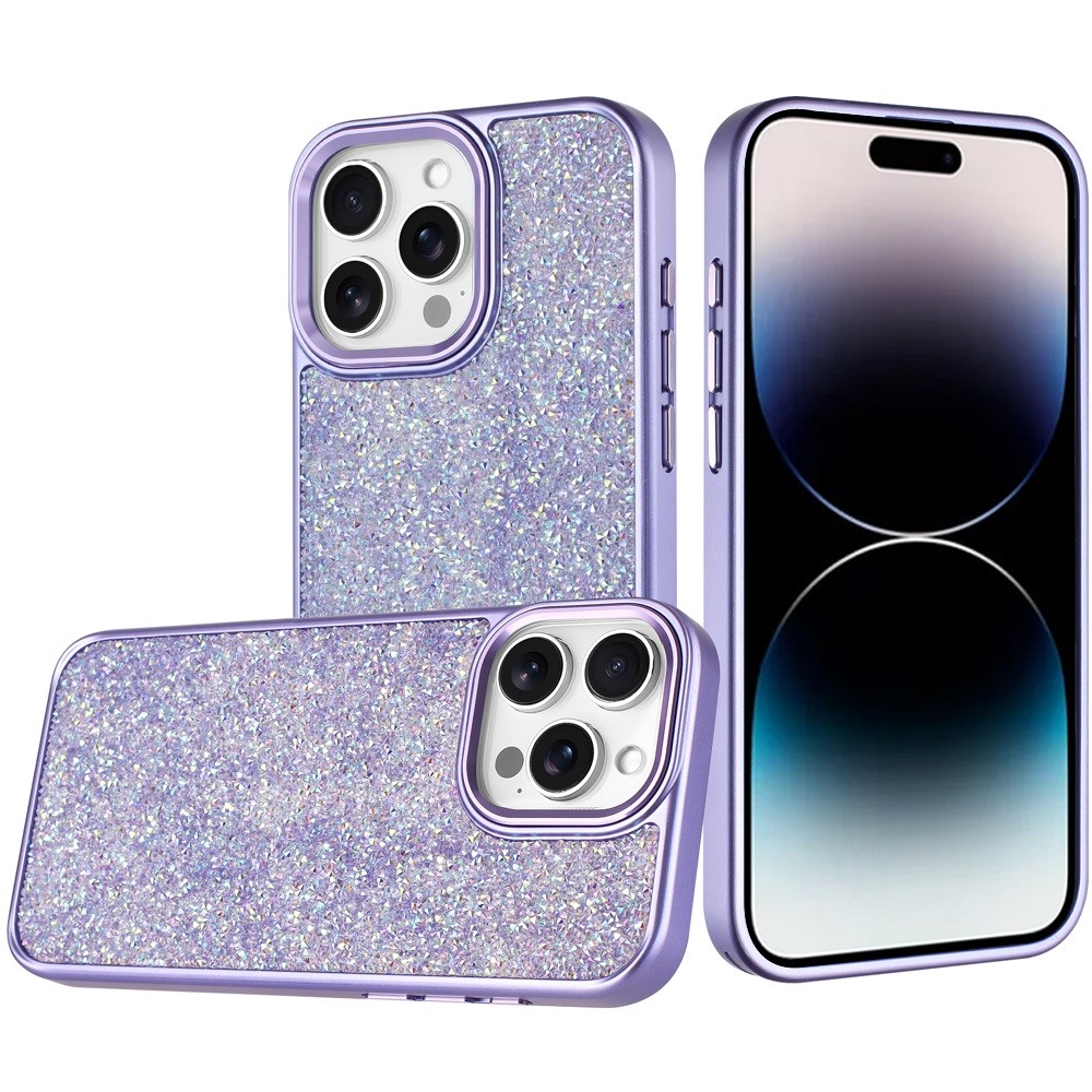 for iphone 14 pro max 6.7" crystal glass diamond with metallic buttons and edges hybrid case dark purple