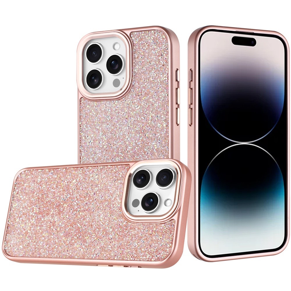 for iphone 14 pro max 6.7" crystal glass diamond with metallic buttons and edges hybrid case rose gold