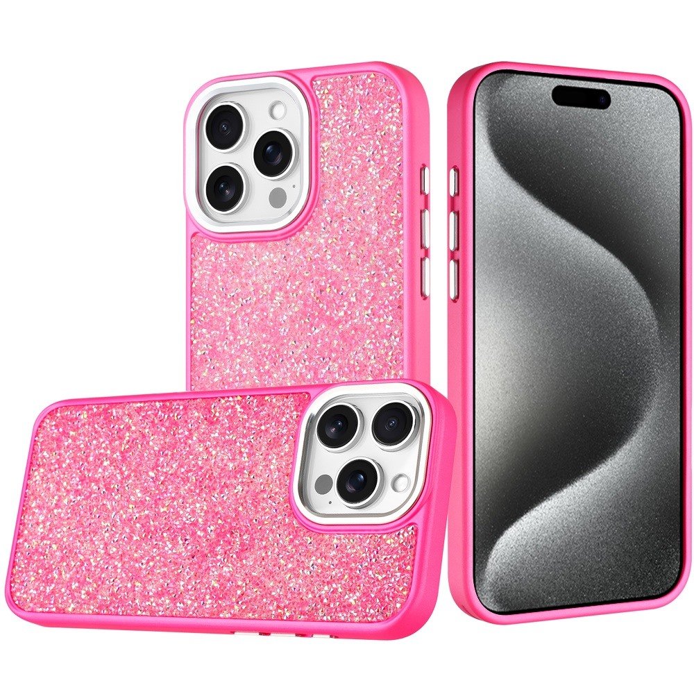for ip15 pro max crystal glass diamond with metallic buttons and edges hybrid case hot pink