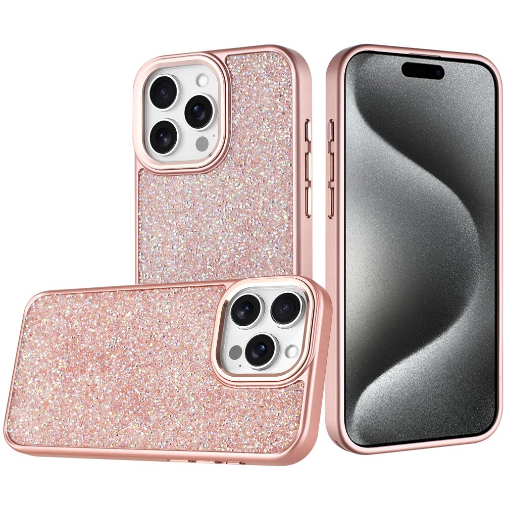 for ip15 pro max crystal glass diamond with metallic buttons and edges hybrid case rose gold