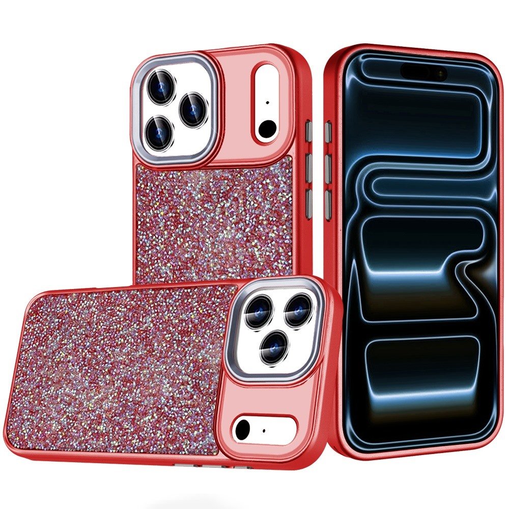 for iphone 17 pro max crystal glass diamond with metallic buttons and edges hybrid case red