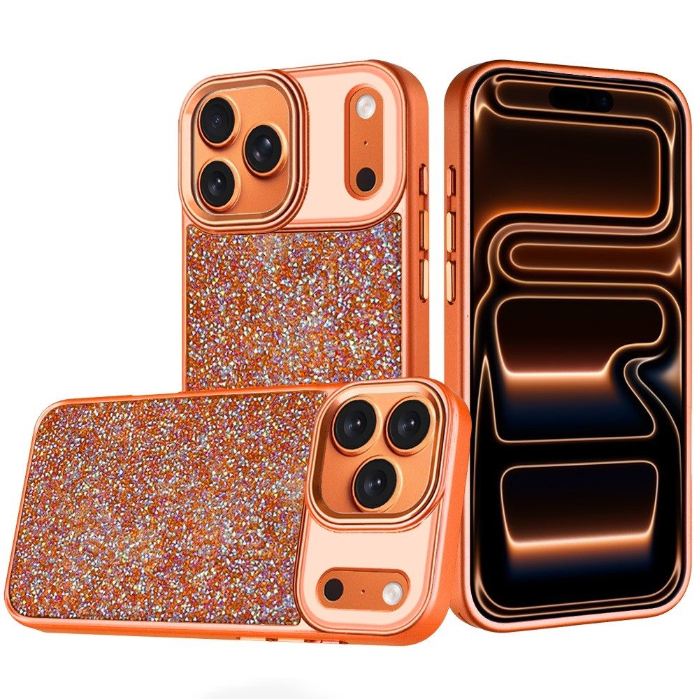 for iphone 17 pro crystal glass diamond with metallic buttons and edges hybrid case cosmic orange