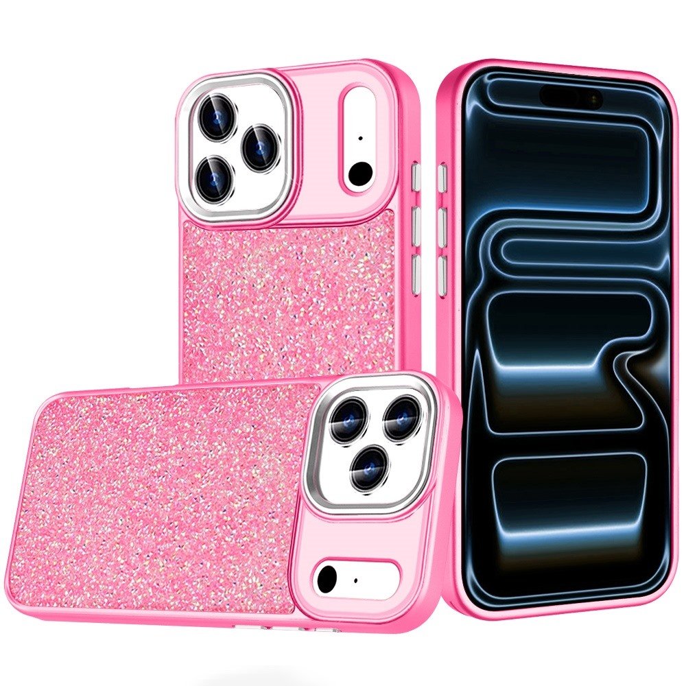 for iphone 17 pro crystal glass diamond with metallic buttons and edges hybrid case hot pink