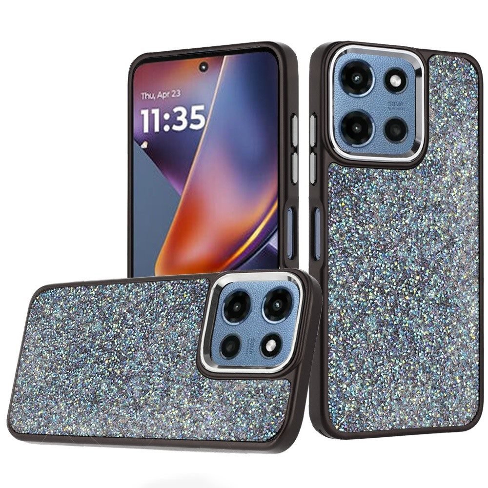 for moto g 5g 2025/2026 g play 2026 crystal glass diamond with metallic buttons and edges hybrid case black