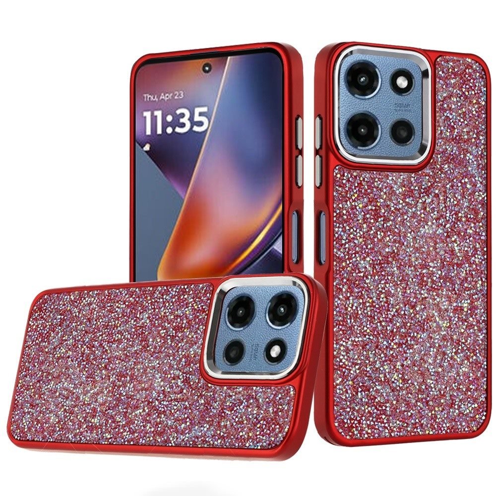 for moto g 5g 2025/2026 g play 2026 crystal glass diamond with metallic buttons and edges hybrid case red