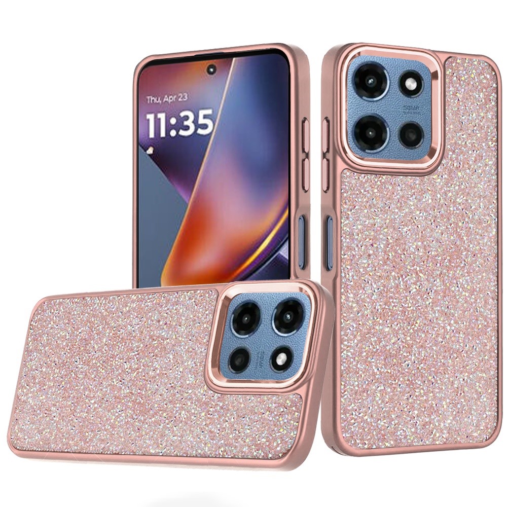 for moto g 5g 2025/2026 g play 2026 crystal glass diamond with metallic buttons and edges hybrid case rose gold