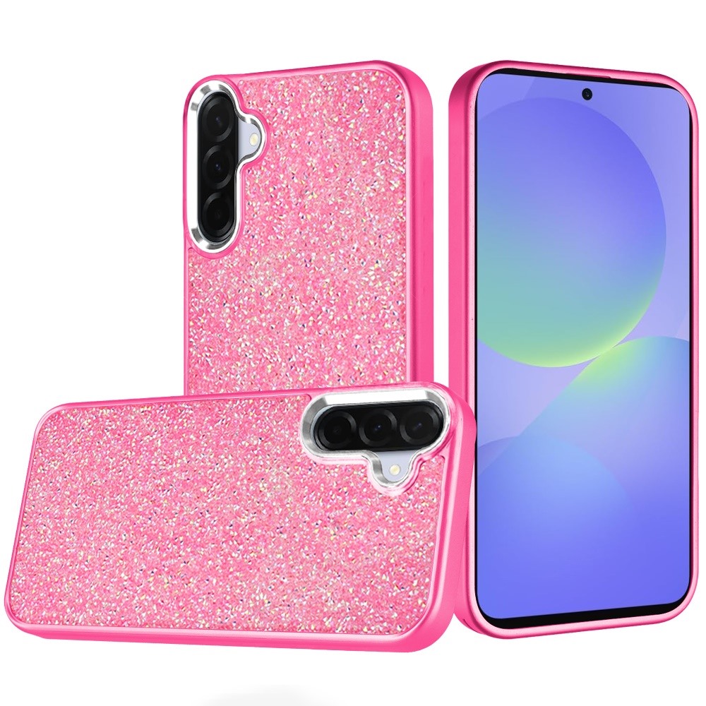 for samsung galaxy a36 / a56 crystal glass diamond with metallic buttons and edges hybrid case hot pink