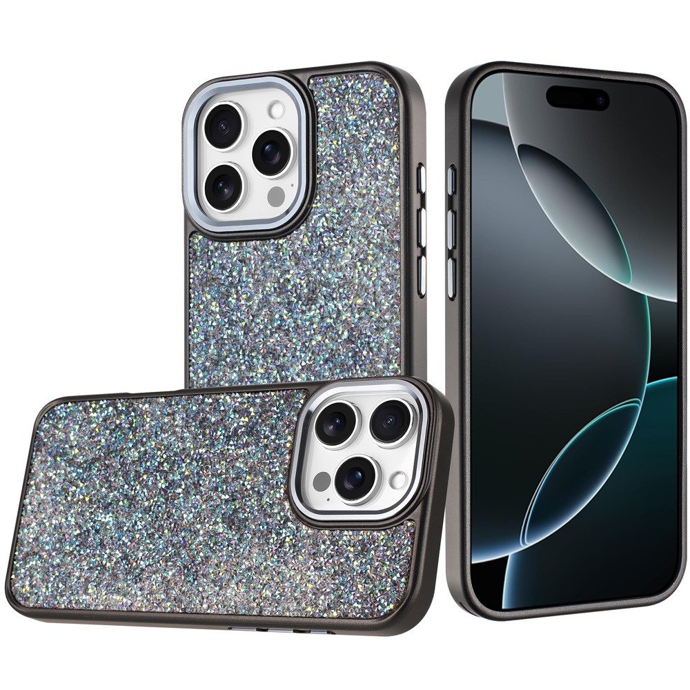 for iphone 16 pro max 6.9 crystal glass diamond with metallic buttons and edges hybrid case black
